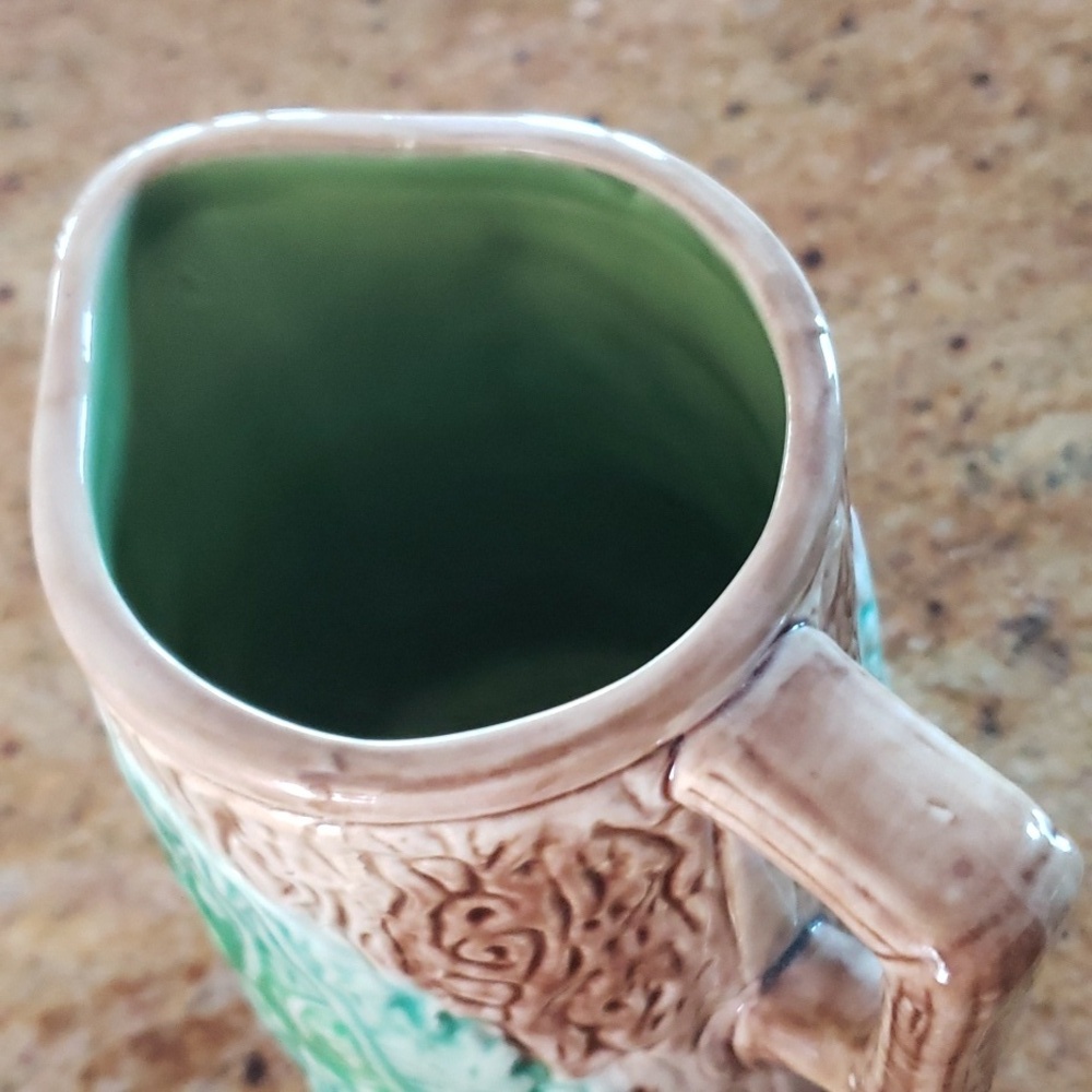 Antique Majoica Begonia Fern Leaf Rustic Tree Bark Planter Vase, Decor Pitcher - Picture 9 of 16